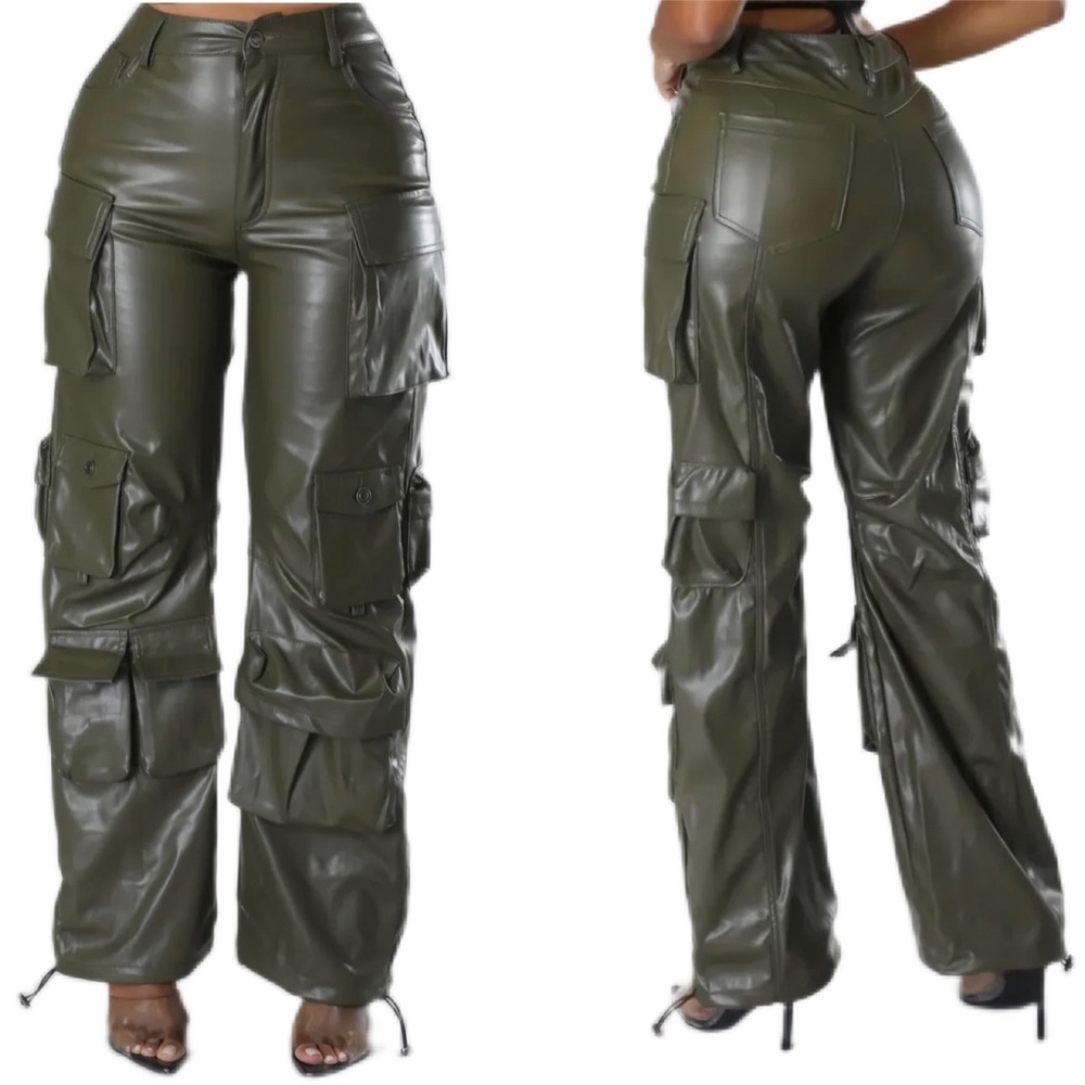 High waisted pants 
Pockets 
Faux leather 
Drawstring 
Button zipper closure